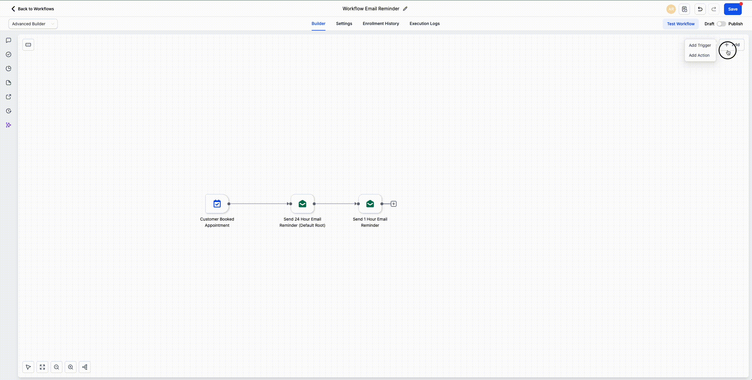 Advanced Builder drag and drop workflow steps