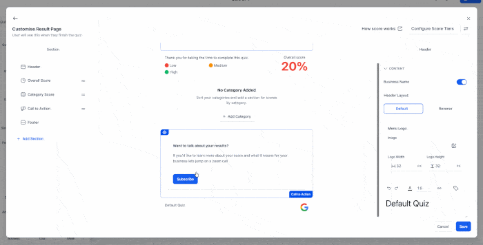 Quiz results page preview navigation