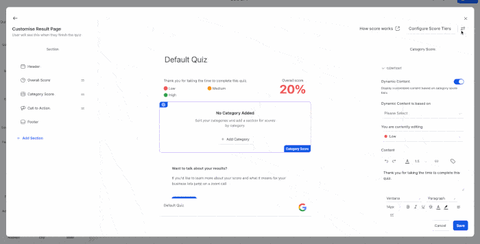 Quiz results page section editing