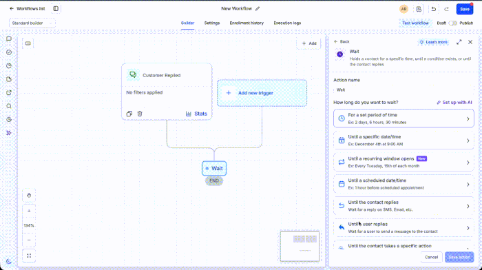 Wait action User Replied condition preview