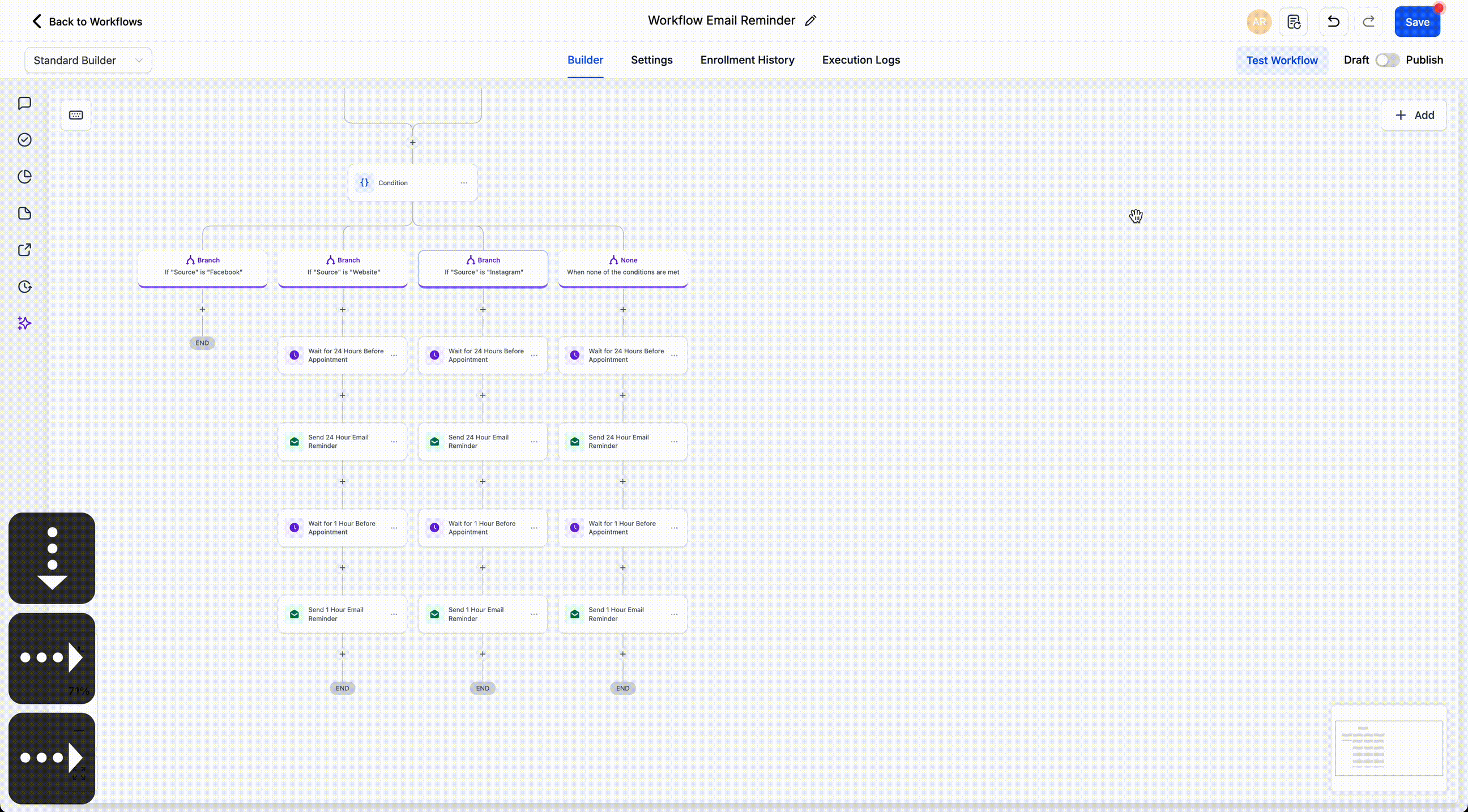 Keyboard shortcuts in the workflow builder